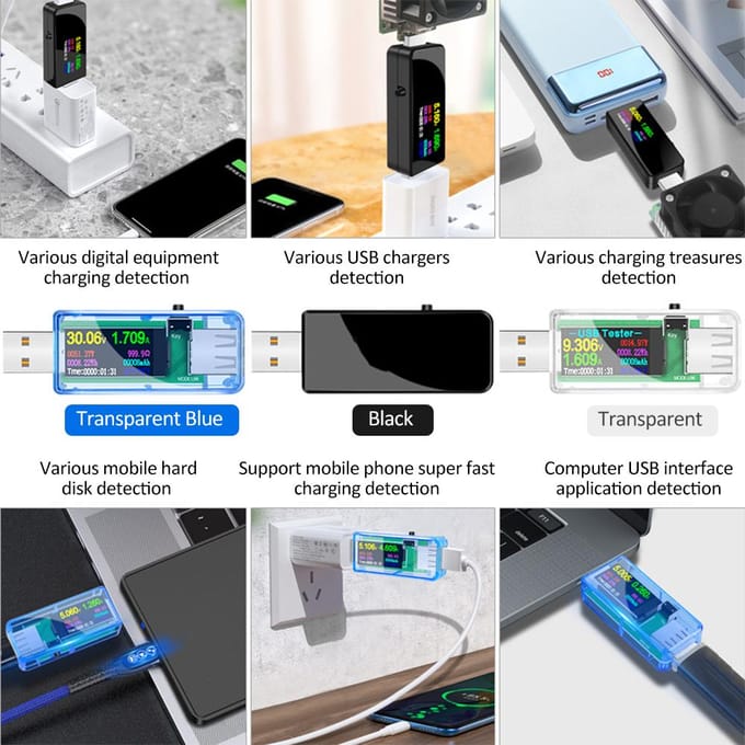 13 in 1 USB-tester Stroomspanningsindicator Kleuren-LCD-scherm USB-tester Elektrische ampèremeter Vermogen zwart