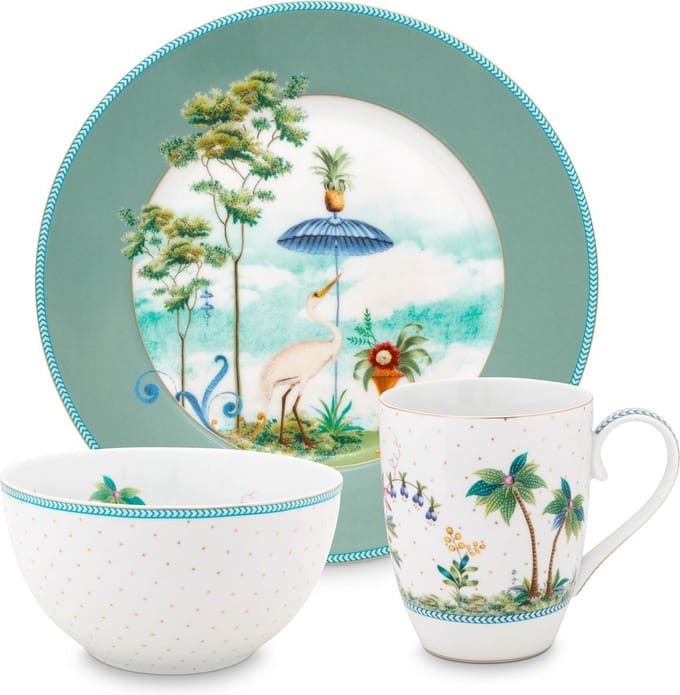 Pip Studio Jolie ontbijtset wit - ontbijtbord ⌀21cm - kom ⌀15cm - mok 350ml