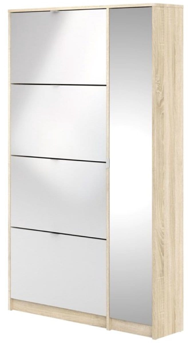 Shane schoenenkast 4 klapdeuren 2R, 1 spiegeldeur eikenstructuur decor, wit hoogglans.