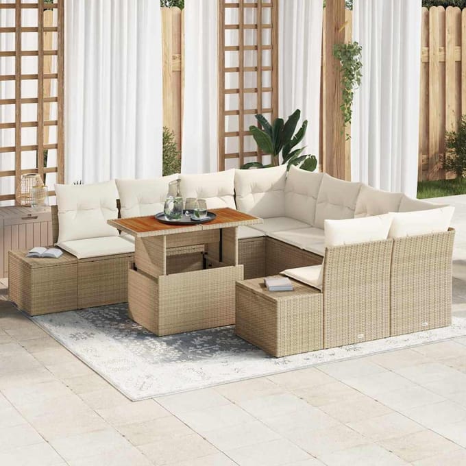 vidaXL Tuin Eettafel Set met kussen 9 pcs Beige en Crème