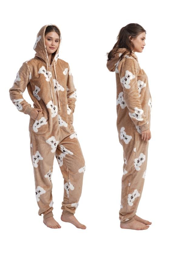 Combinaison à Capuche Pelucheuse Pyjama Femme M Ours Pour Cadeau Fermeture Éclair beige