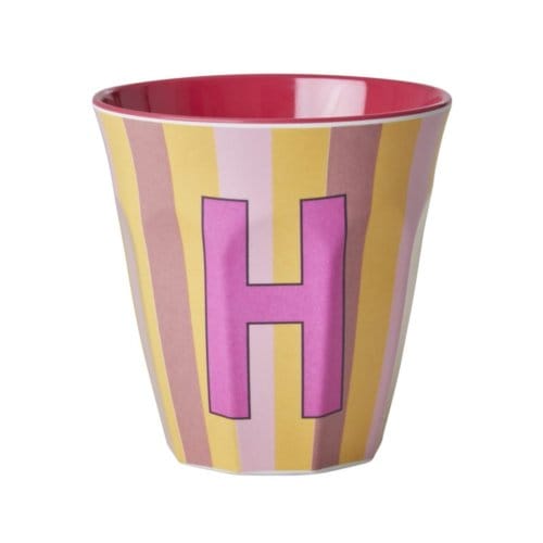 Rice melamine beker medium gestreept letter h, roze