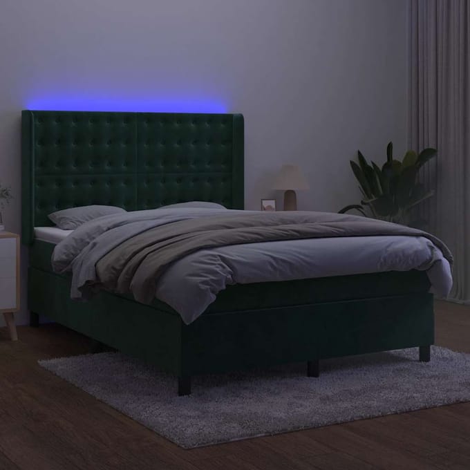 vidaXL - Boxspring - met - matras - en - LED - fluweel - donkergroen - 140x200 - cm
