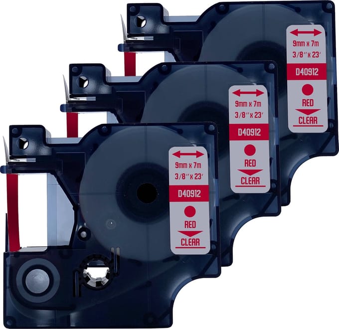 DULA Dymo D1 40912 Compatible label tape - 3 lettertapes- Rood op transparant - 9mm x 7m