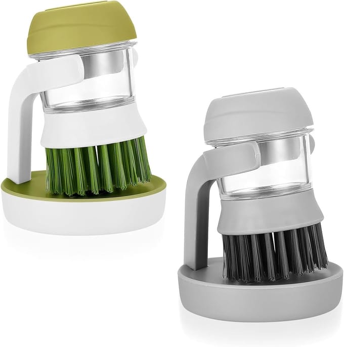 2 stuks multifunctionele reinigingsborstels met afwasmiddeldispenser, voor servies, potten en pannen