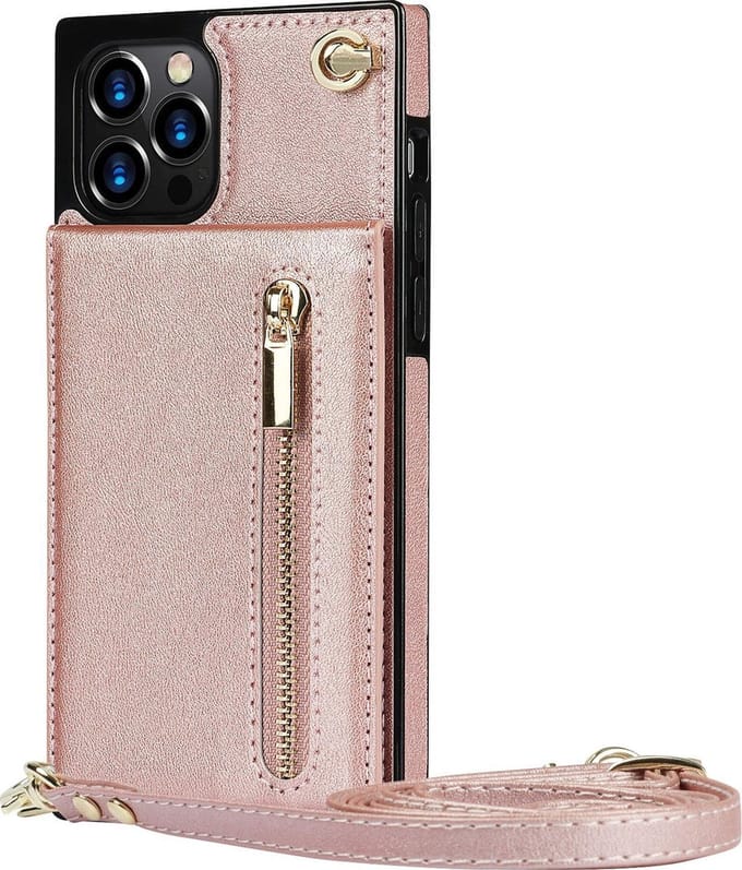 Hoesje geschikt voor iPhone 12 Pro Max - Backcover - Pasjeshouder - Portemonnee - Koord - Kunstleer - Rose Goud