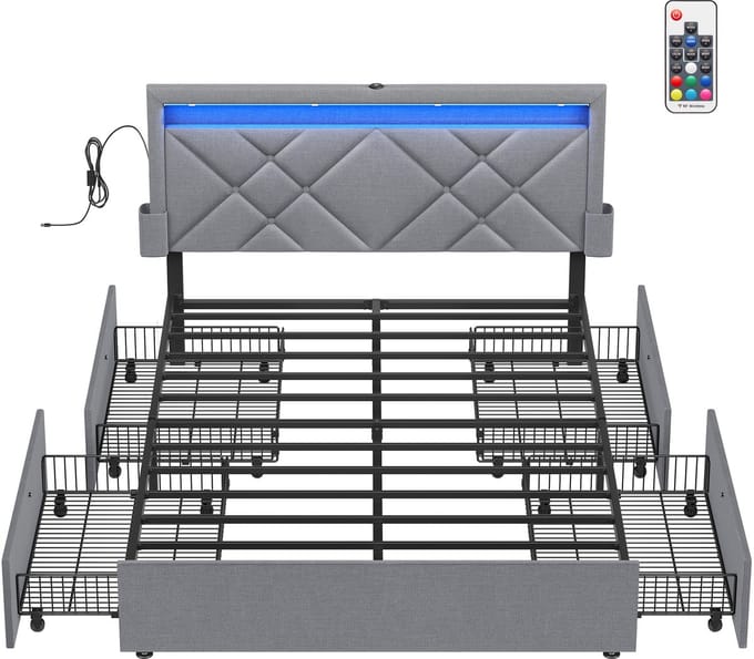 VASAGLE - Bed - LED Verlichting - 4 Lades - Verstelbaar Gestoffeerd Hoofdbord