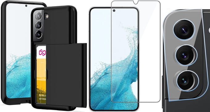 Hoesje met Pasjeshouder geschikt voor Samsung Galaxy S22 Plus - Screenprotector GlassGuard & Camera Lens Screen Protector - Back Cover SlideCase Zwart