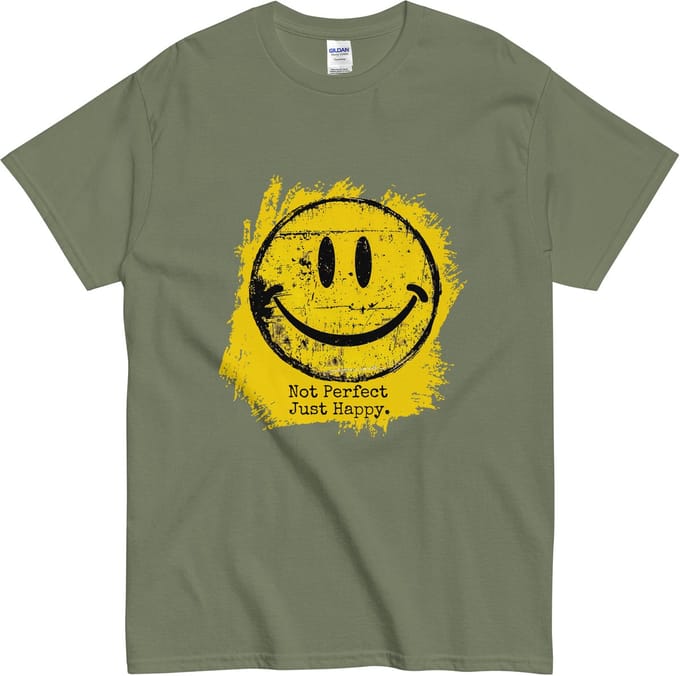 Grappig Stoer Tshirt met Tekst & Smiley - Positieve Grunge Stijl - Vrouwen Mannen - Khaki Groen - L
