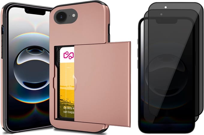 Hoesje met Pasjeshouder geschikt voor iPhone 16e - 2x Privacy Screen Protector FullGuard - Back Cover SlideCase Roségoud & Screenprotector