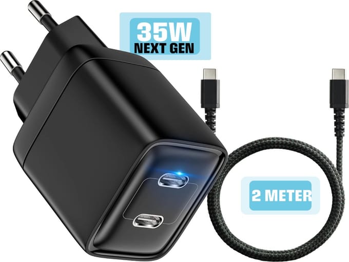 Type C Adapter - 2x usb-C - 35w - 2 Meter - Met Gevlochten usb-C naar usb-C kabel - Oplader - Snellader