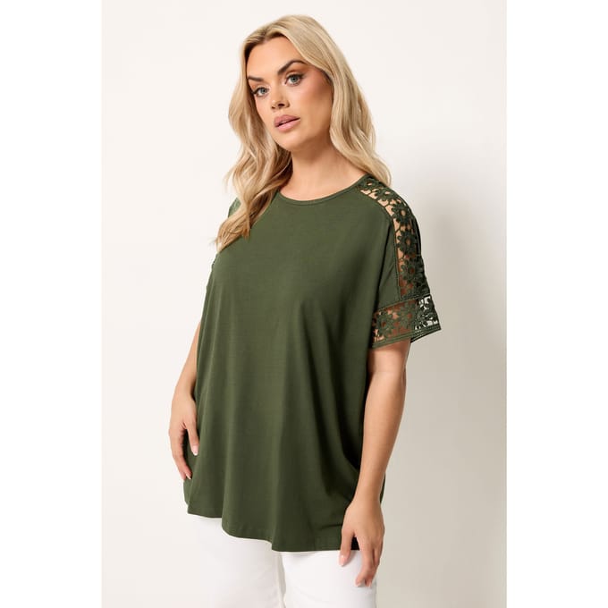 Yours Kakigroen Boxy Tshirt Met Gehaakte Mouwen Size 50-52