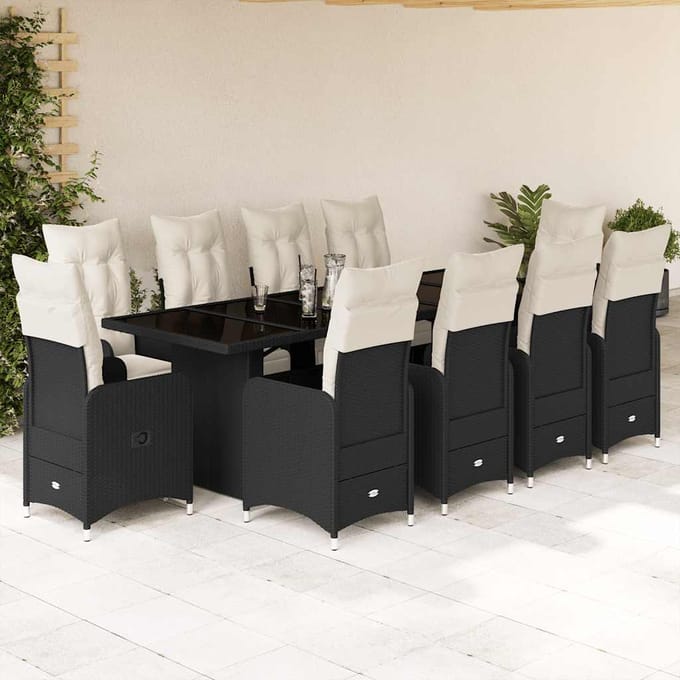 vidaXL - 11-delige - Bistroset - met - kussens - poly - rattan - zwart