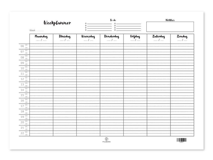 Fyllbooks - Weekplanner met Tijdsblokken - Planner Ongedateerd - Weekagenda - Planning - A4 Formaat