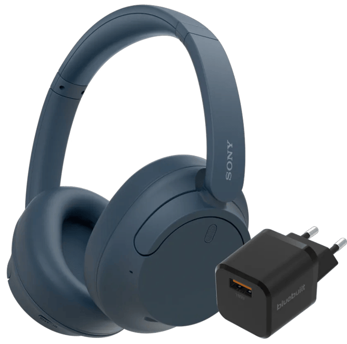 Sony WH-CH720N Blauw + BlueBuilt Quick Charge Oplader met Usb A Poort 18W Zwart