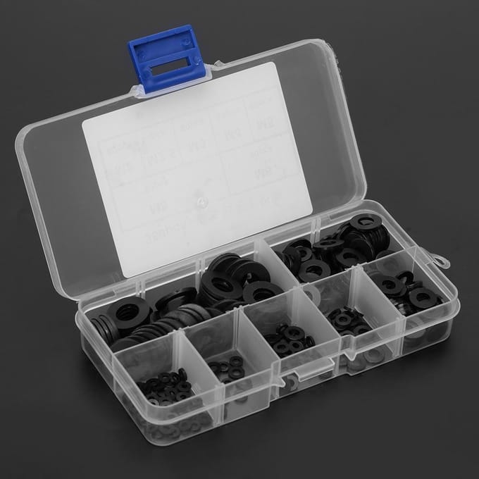 Set van 350 zwarte nylon plastic platte pakkingringen M2M2.5M3M4M5M6M8