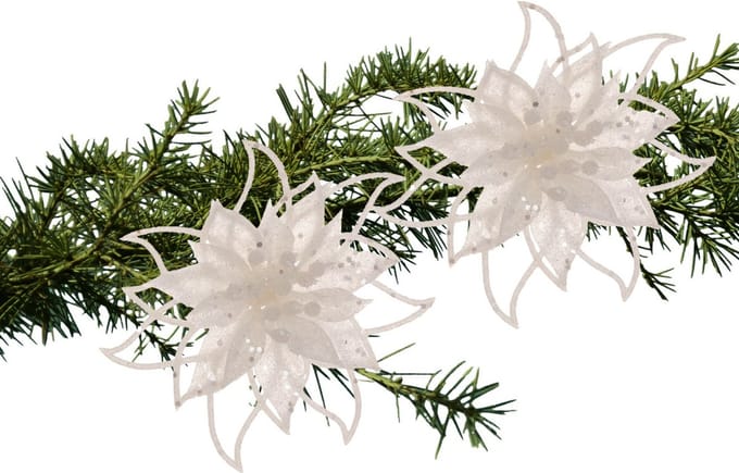 Cosy and Trendy kerstboomversiering bloemen op clip - 2x- wit - 14 cm - glitters