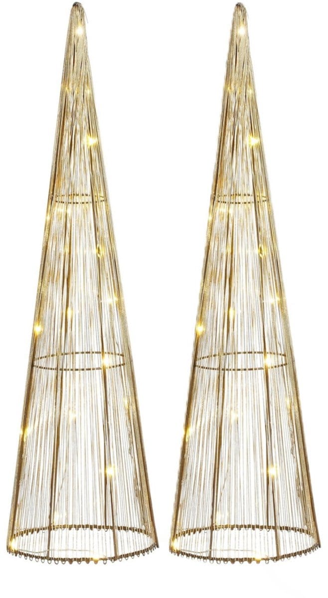 Mica Decorations LED kegel - 2x - kerstboom lamp - goud - polyester/metaal - H50 cm - kerstverlichting