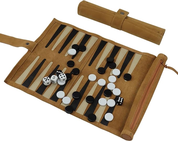 Backgammon Leer - Reisspel Leer - Reizen en Spelen - Handgenaaid - 34 x 26 cm - Bruin