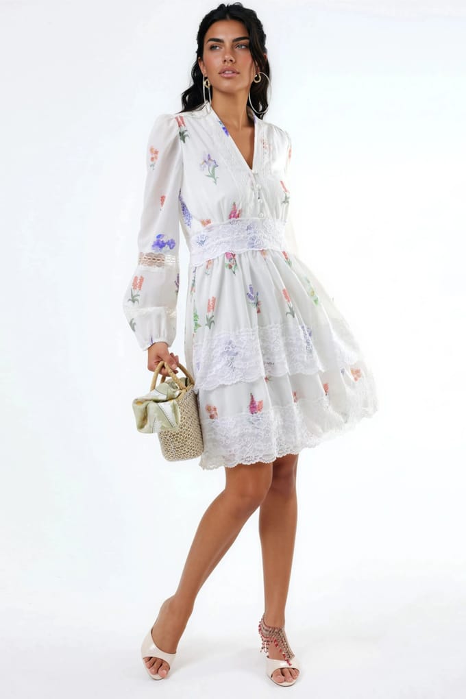 Florale Kant Mini-jurk met V-hals