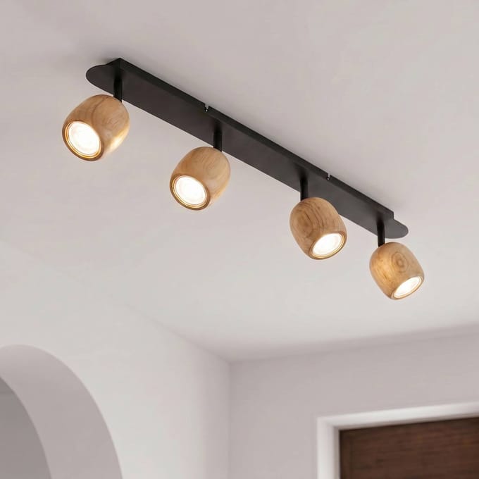 Lindby - buitenspot - 4lichts - Metaal, rubberhout - H: 15.9 cm - GU10 - zwart, licht hout