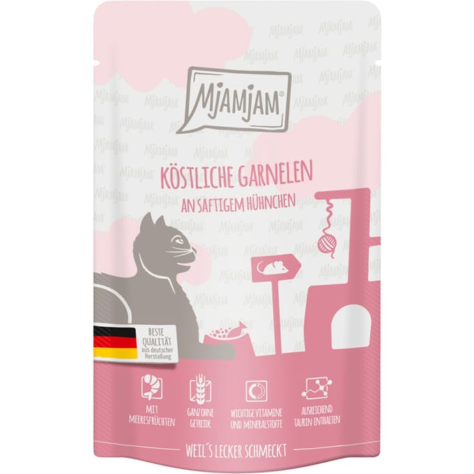 Voordeelpakket 24x125g MjAMjAM Knijpzakje heerlijke garnalen met sappige kip natvoer voor katten