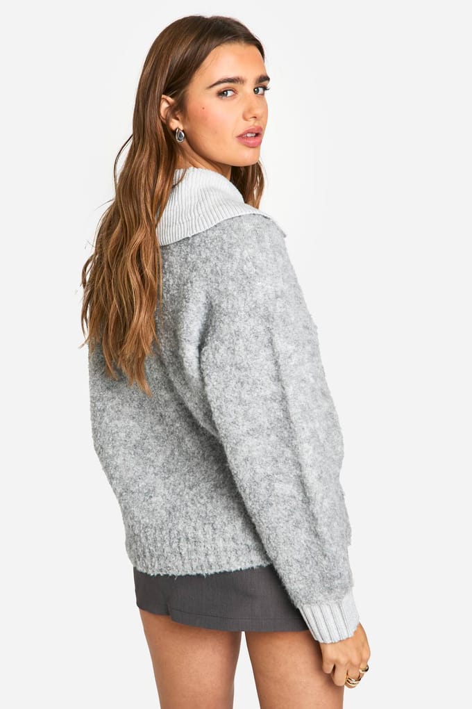 boohoo Dames Gebreide oversized trui met geribbelde kraag en knoopsluiting | Grey Marl | Maat: Medium
