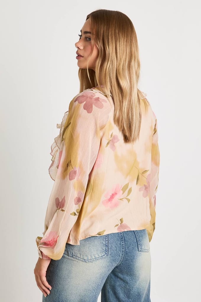 boohoo Dames Bloemenprint Chiffon blouse met ruches | Ivory | Maat: 6