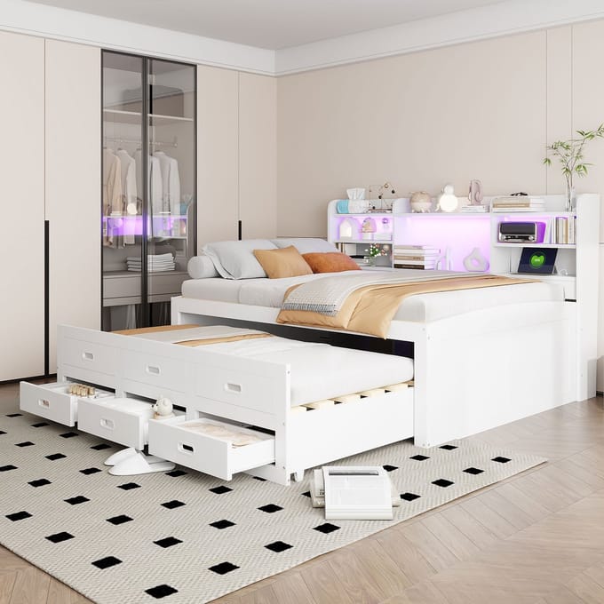 Wishdor Bedbank 140x200 cm - Uitschuifbed - LED met App - 3 Lades - USB en Type-C - Wit