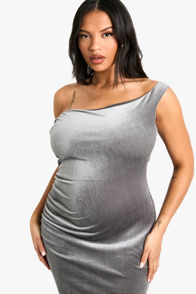 boohoo Dames Plus Velvet Asymmetrische Gerafelde Maxi Jurk | Silver Grey | Maat: 18