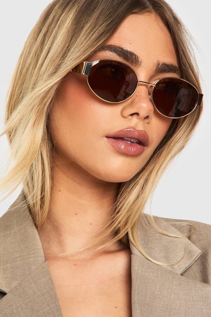 boohoo Dames Gouden Retro Ovaalvormige Zonnebril | Bruin