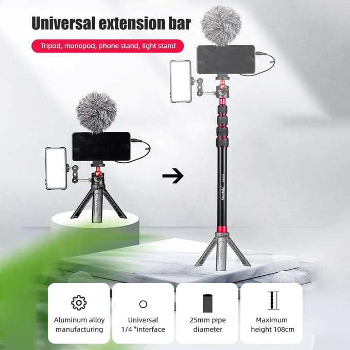 Manbily LR-255 Statief Verlengstang voor Statief Monopod Gimbal Stabilisator Aluminiumlegering zwart