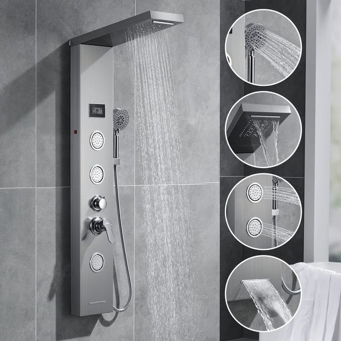 Auralum max Douchepaneel met Mengkraan - Regendouche - Douchekolom - LED RVS met Massage Jets - 5 standen Spa Jets - LCD display - 3 functies handdouche - Douche Combinatie Set