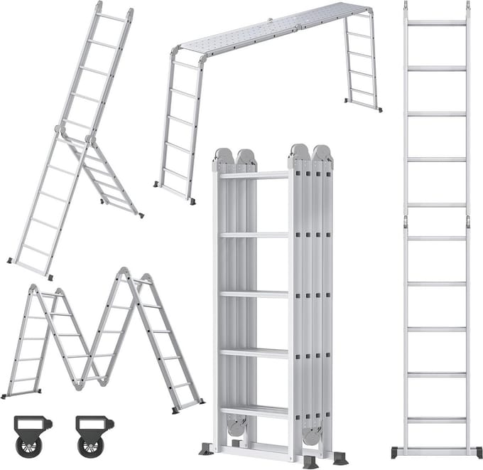 Multifunctionele Aluminium Vouwladder 6-in-1 Met Steigerplatform, 150 kg Draagvermogen