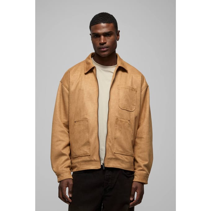 Oversized Croc Faux Suede Collared Carpenter Worker Jacket | Tan | Size Medium