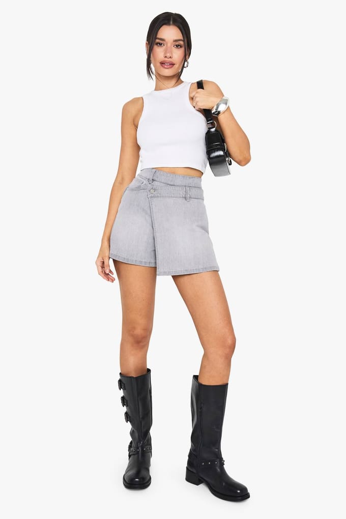 boohoo Dames Hoge Denim Skort | Grijs | Maat: 36