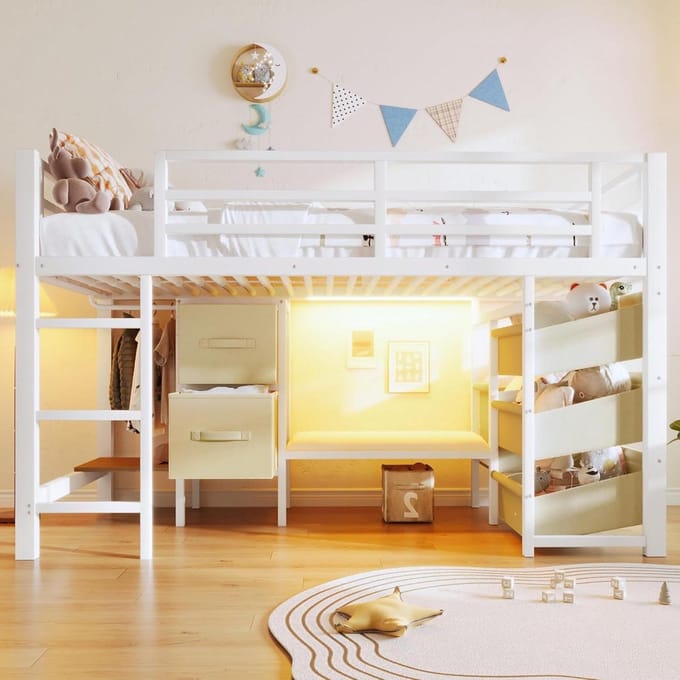 Halfhoog Bed - Slaapbank Metaal - Ontspannen Wonen - Geïntegreerde Ledstrips - 90 x 200 cm - Wit