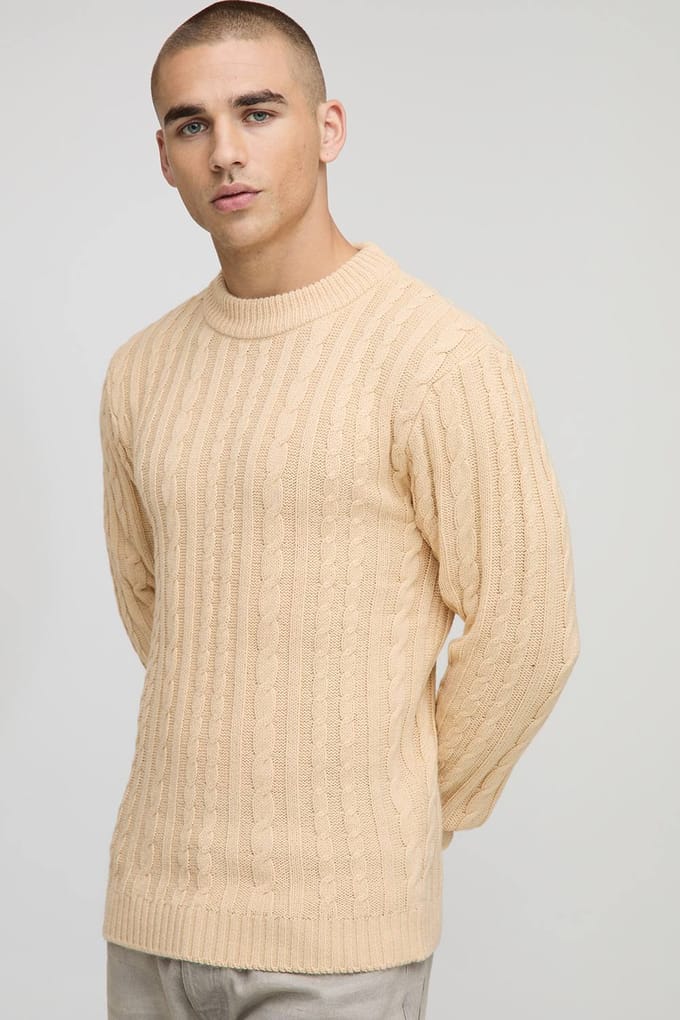 Muscle Fit Cable Knitted Jumper | Sand | Size Medium