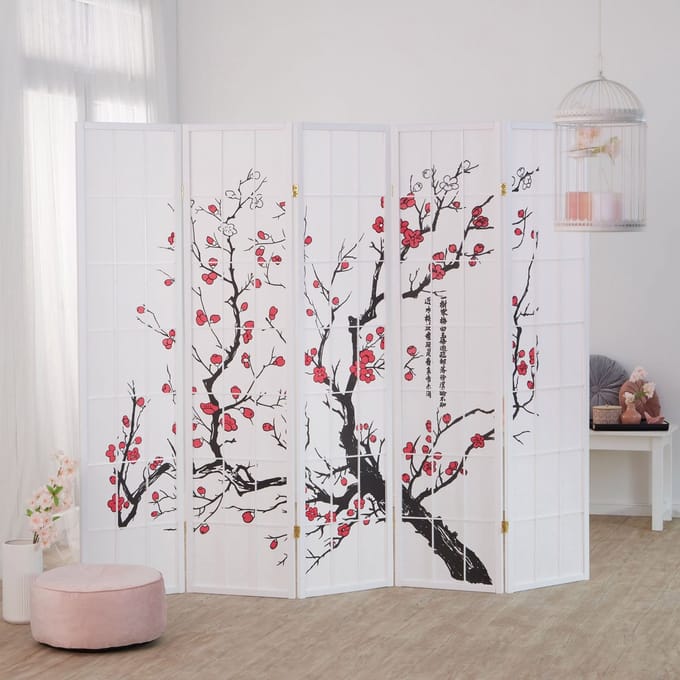 Homestyle4u Kamerscherm - 220x179 cm - wit - 5-delig - kersen