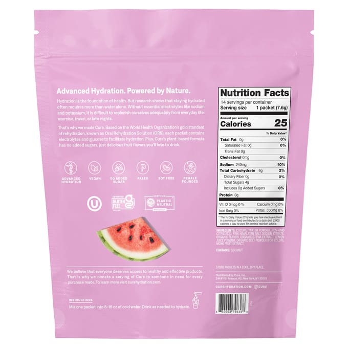 Cure Hydration, Mélange d'électrolytes hydratant, Pastèque, 14 Sachets, 0,27 oz (7.6 g) Chaque