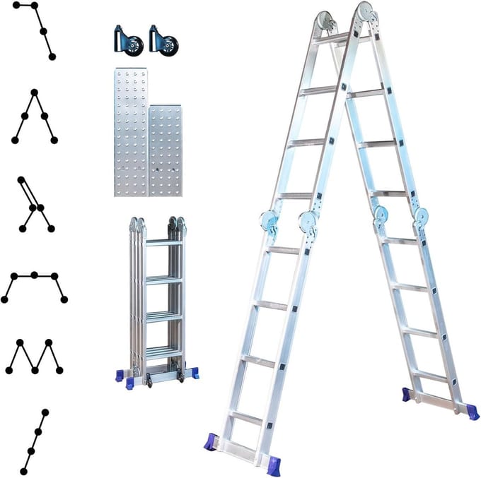 Multifunctionele Scharnierende Vouwladder 4x4 – Steiger en Trapladder Functie