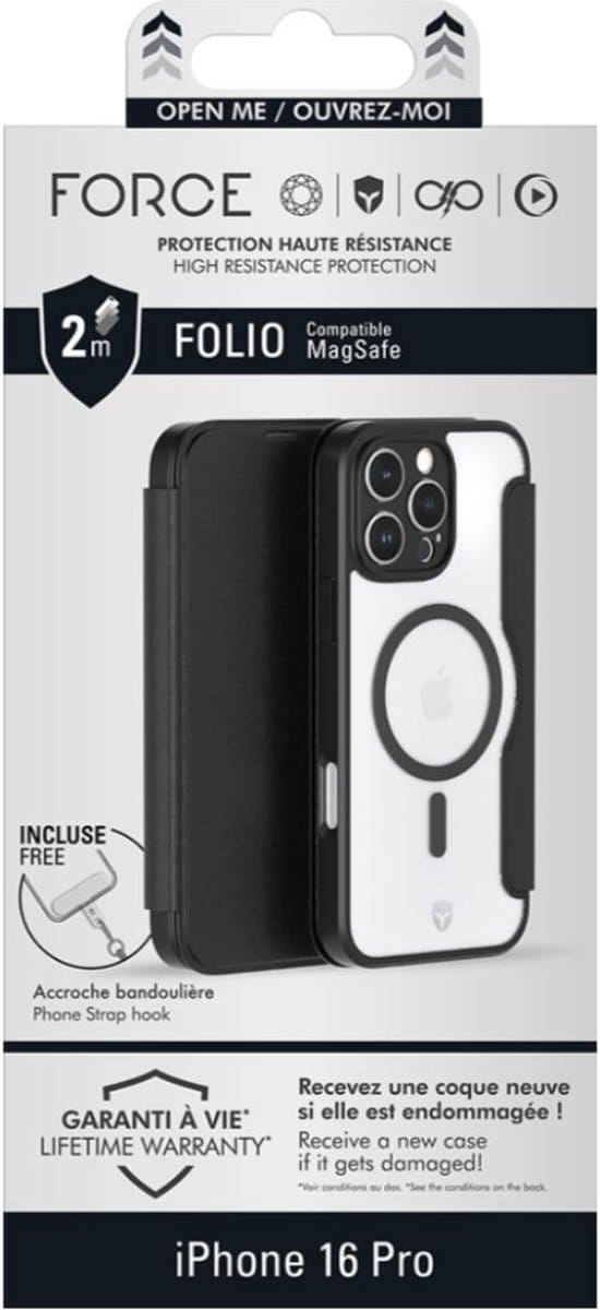 Force Case, Hoesje geschikt voor iPhone 16 Pro - MagSafe Versterkt Folio, Zwart