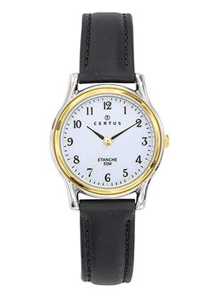 Certus-Duidelijk Dames horloge-Zwart lederen band-Bicolor.