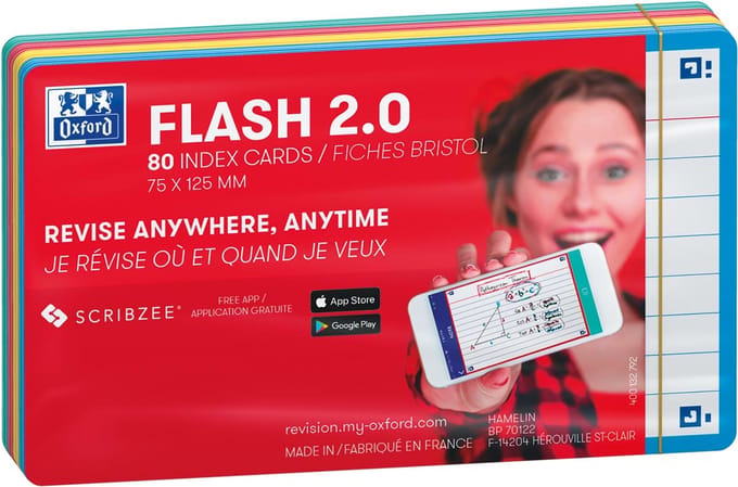 Oxford Flash 2.0 flashcard starterkit, gelijnd, A7, assorti, pak van 80 vel 20 stuks