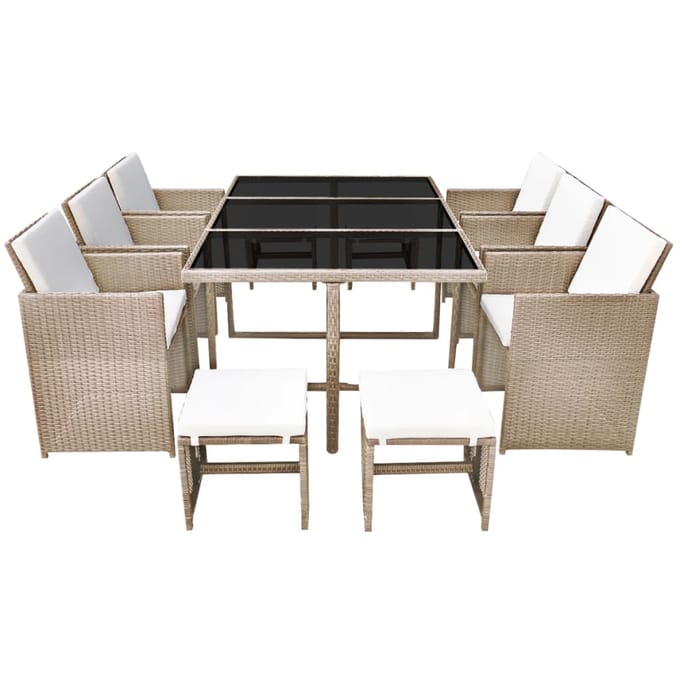 vidaXL - 11-delige - Tuinset - met - kussens - poly - rattan - beige