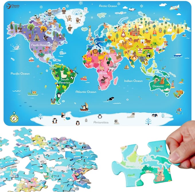 Classic World houten puzzel wereldkaart educatief speelgoed 48 stukjes.