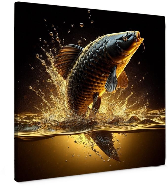 Canvas Schilderij - Midnight Carp - 50x50 cm - goud - Wanddecoratie - karper