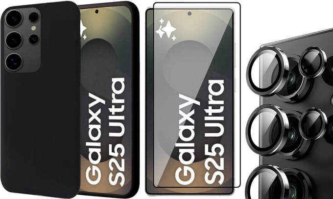Hoesje geschikt voor Samsung Galaxy S25 Ultra - Screenprotector Glas & Camera Protector - Mat Back Case Zwart