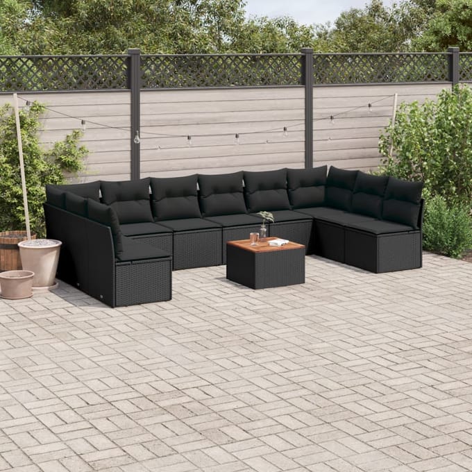 vidaXL - 11-delige - Loungeset - met - kussens - poly - rattan - zwart