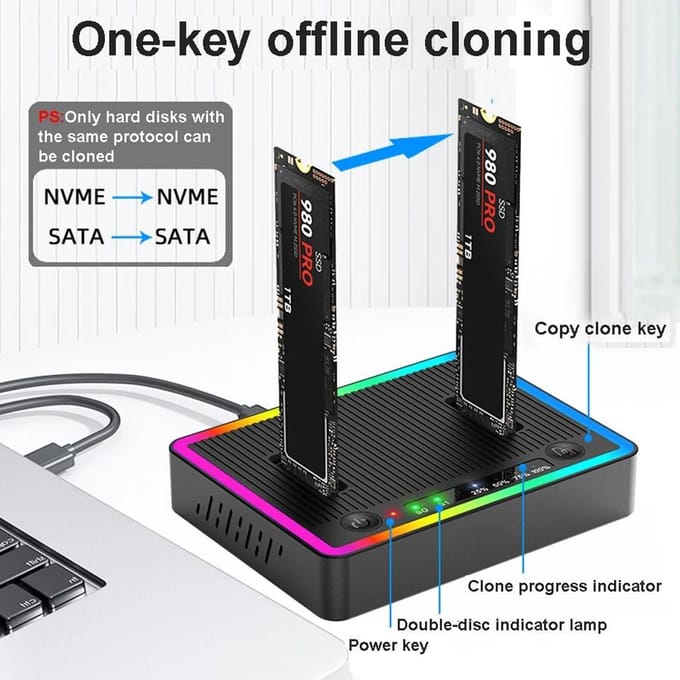 M.2 NVMe/SATA Dubbele Bay Harde Schijf Docking Station Offline Kloon Harde Schijf M.2 SSD Duplicator USB3.2 GEN2 SSD Adapter Behuizing NGFF Protocol black